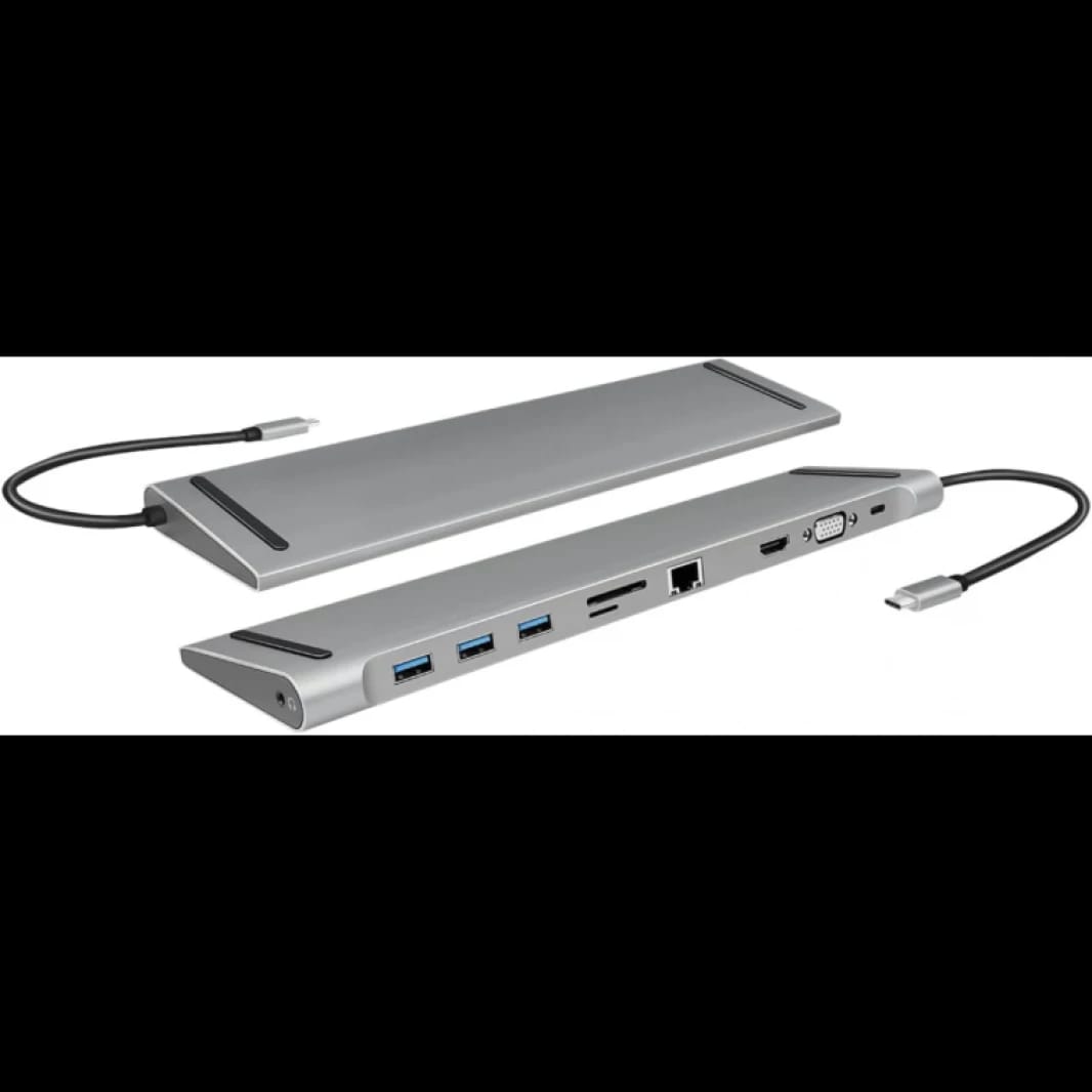 Dock Station Hub Stand USB 3.2 (Gen 1) Docking Station with 10 Ports and PD (Power Delivery) 100 W, 3 x USB / 1 x HDMI / 1 x VGA / 1 x CardReader / 1 x RJ45 / 1 x 3.5 mm/Black, Silver