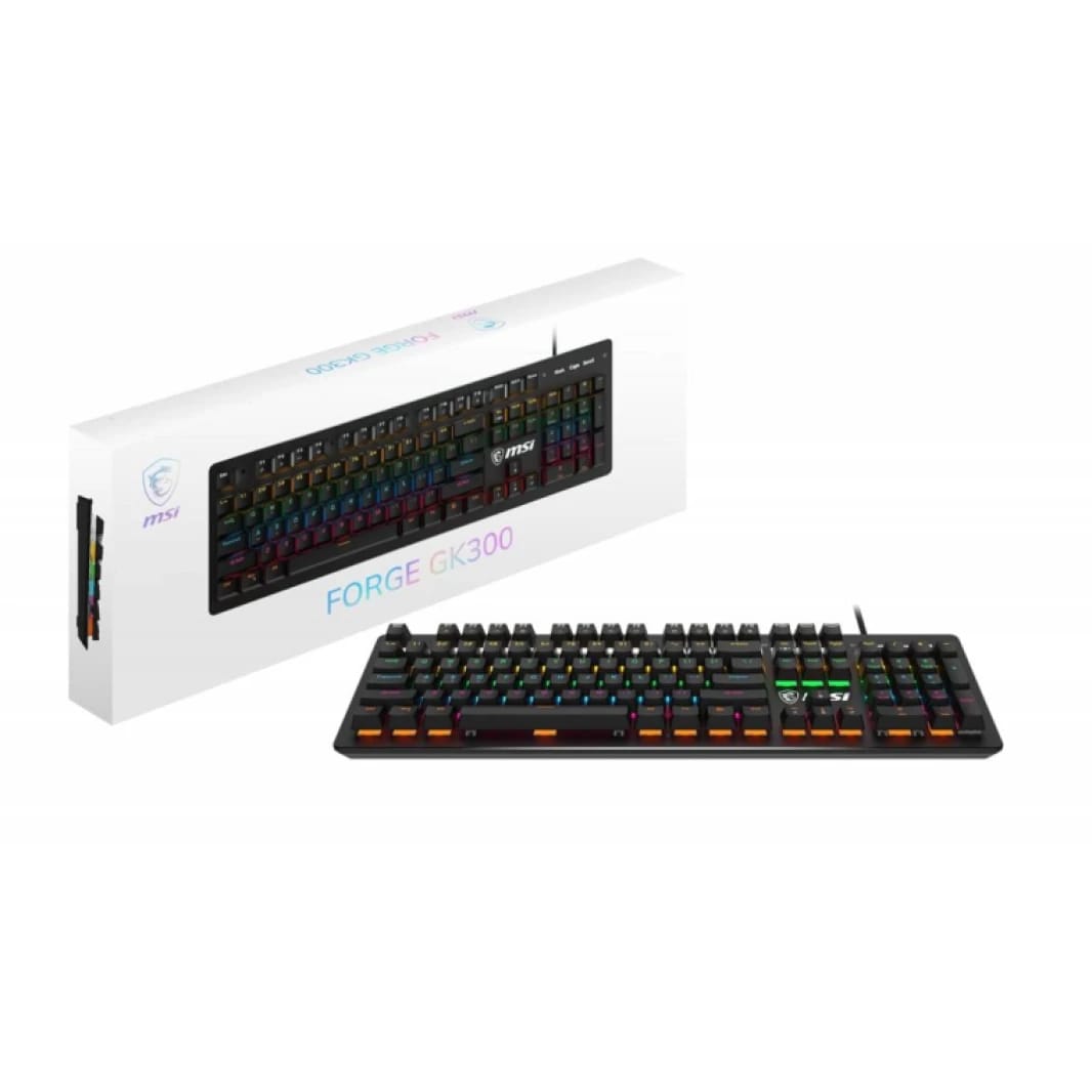 MSI Forge GK300 Blue US - Mechanical Keyboard, Blue SWITCHES, RGB, Ergonomic, Anti-GHOSTING, Angle-Adjustable - Black