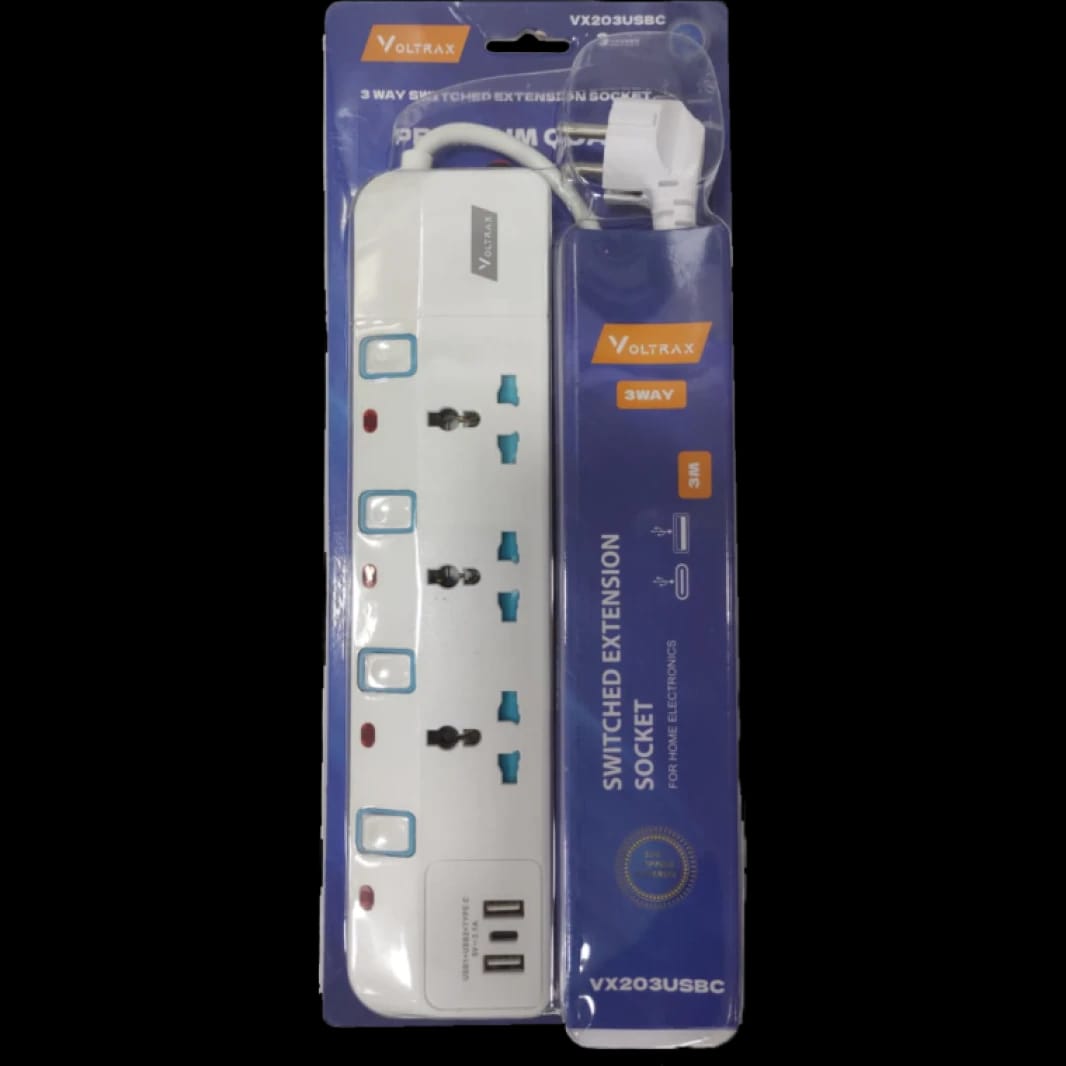 Voltrax 3m Extension 3 Socket 2 USB-A (VX203USBC) Power Strip