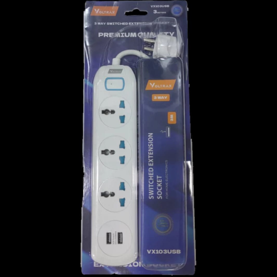 Voltrax 3m Extension 3 Socket 2 USB-A (VX103USB) Power Strip