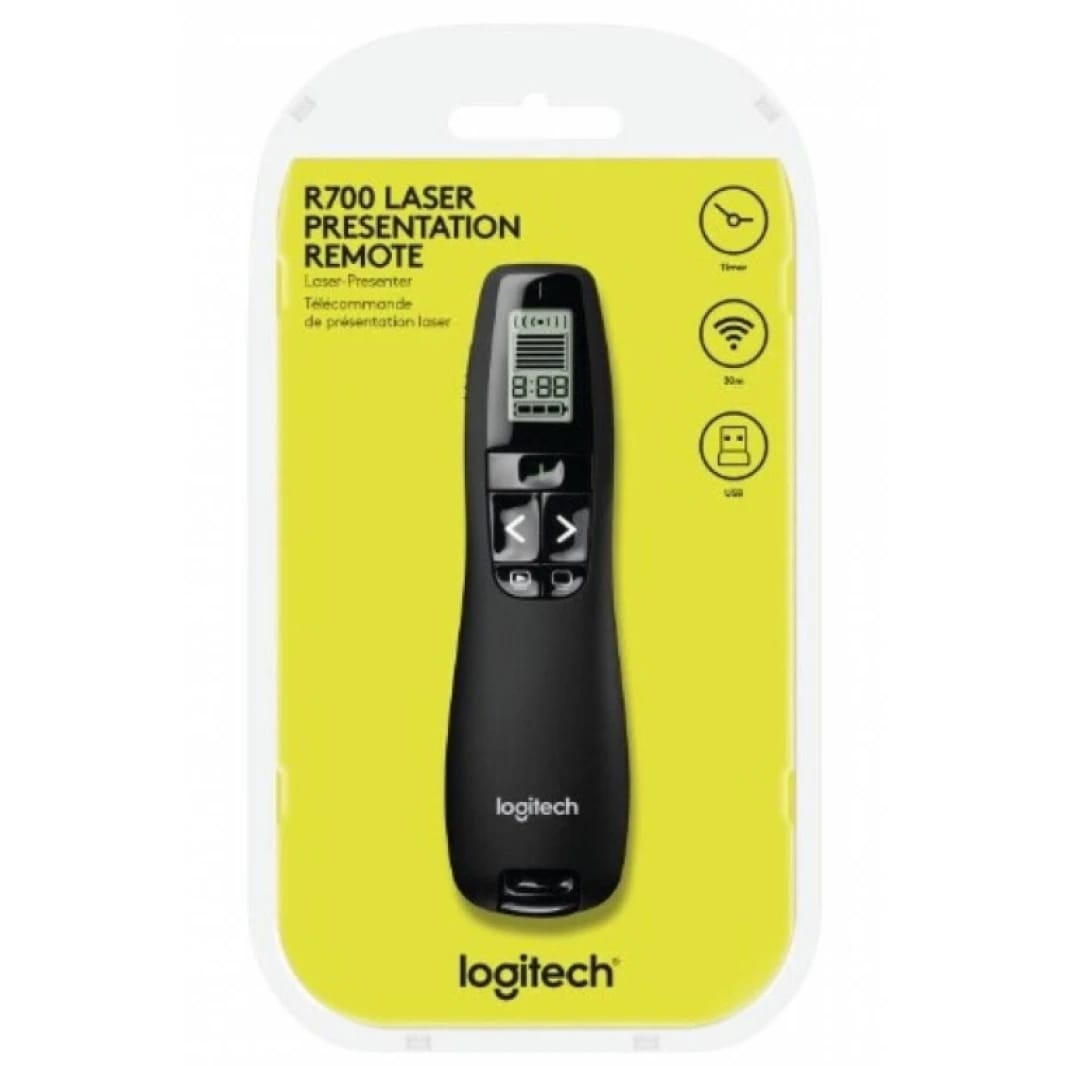 Logitech R700 Wireless Presentation Remote, 2.4 GHz with Nano USB-Receiver, Red Laser Pointer, Slideshow Buttons, 30-Meter Operating Range, LCD-Display for Time Tracking, 6 Buttons, for PC - Black