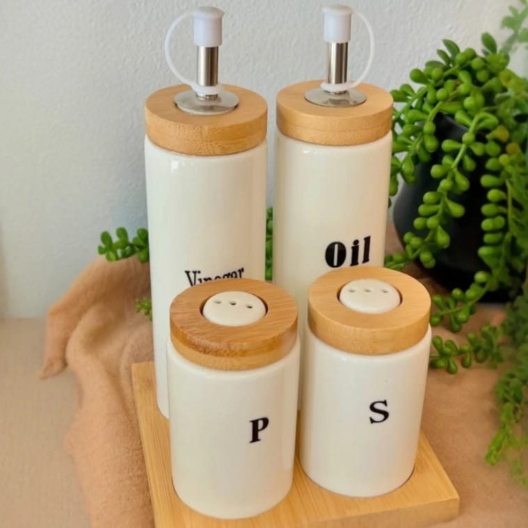Wooden & Porcelain Oil Dispenser 5 pieces