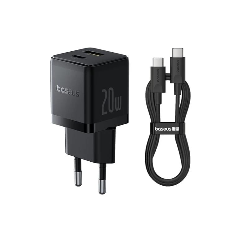 شاحن بيسوس بالم السريع بمنفذي USB-C و USB-A بقوة 20 واط، قابس أوروبي - أسود