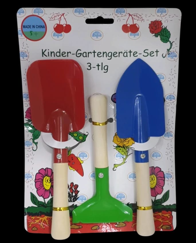 Children's Garden Tool Set, 3-Piece, in Red, Blue, and Green Colors, Perfect for Play and Teaching Kids Gardening Skills with Fun and Attractive Design.