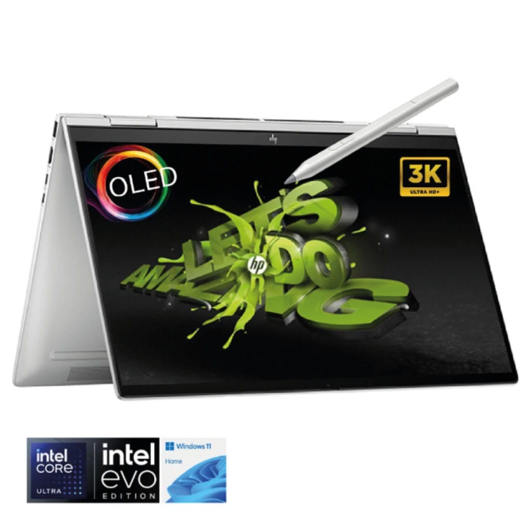 لابتوب HP Envy x360 2-in-1 المتحول 14-fc0043ne، معالج Intel Core Ultra 7 155U، منصة Intel Evo، شاشة لمس 14 بوصة OLED بدقة 3K وتردد 120 هرتز، نظام Windows 11 Home، مع قلم فضي طبيعي يدعم الإمالة - فضي نيزكي