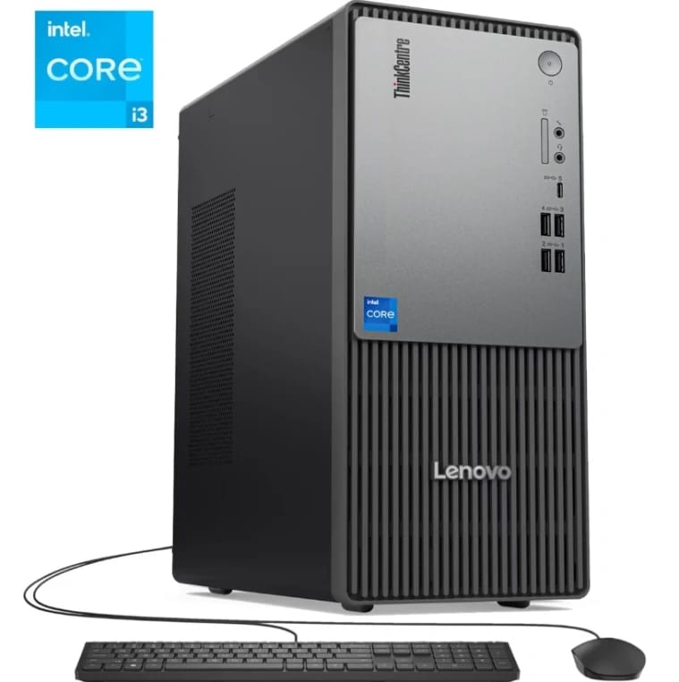 جهاز الكمبيوتر المكتبي Lenovo ThinkCentre neo 50t الجيل الخامس - معالج Intel Core i3-14100 من الجيل الرابع عشر - يتضمن لوحة مفاتيح وماوس USB Calliope