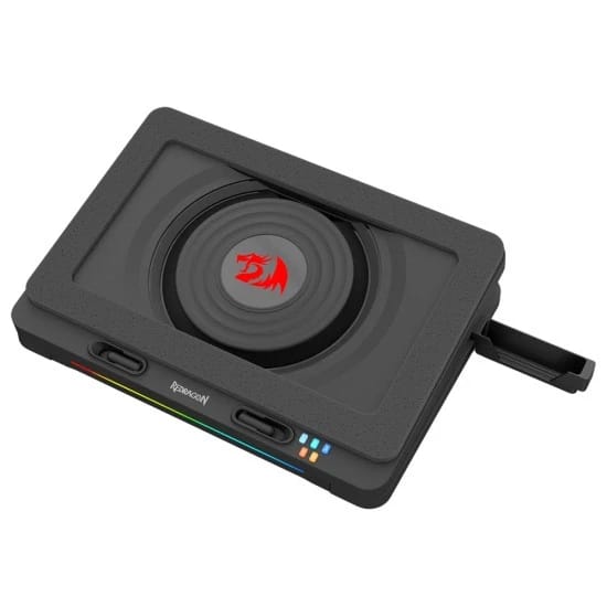 قاعدة تبريد للابتوب للألعاب ريدراجون WINDSEEKER GCP512 - متوافقة مع مقاس 15 إلى 17 بوصة، ارتفاع وسرعة مروحة قابلة للتعديل، تشغيل هادئ، إضاءة RGB، حامل هاتف - أسود