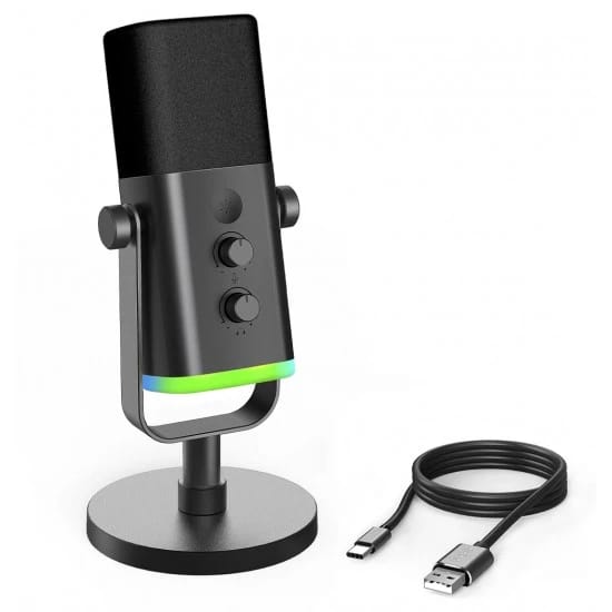ميكروفون الألعاب الديناميكي FIFINE AMPLIGAME AM8 بمنفذ USB وXLR، مع إضاءة RGB، زر لمس لكتم الصوت، تحكم في الكسب، منفذ سماعة رأس، وحامل مكتبي للبث المباشر - أسود