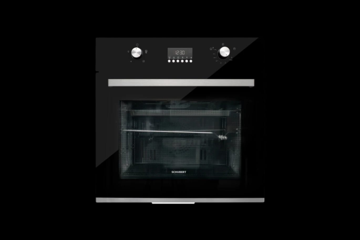 SCHUBERT GENT 708 Built-In Gas Oven with Electric Grill, 60cm, 60L, Black with Silver Handle & Knobs, Digital Screen, Auto-Off for Grill & Oven
