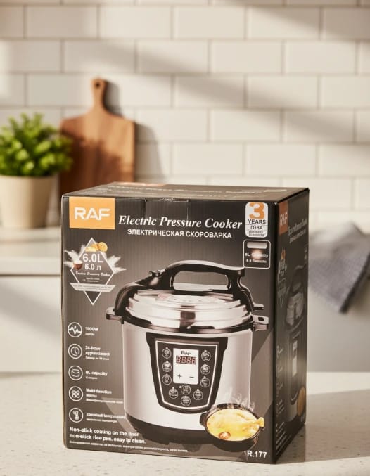 RAF Electric Pressure Cooker with 6L Capacity Stylish Design and Easy-to-Use for Large and Small Families.