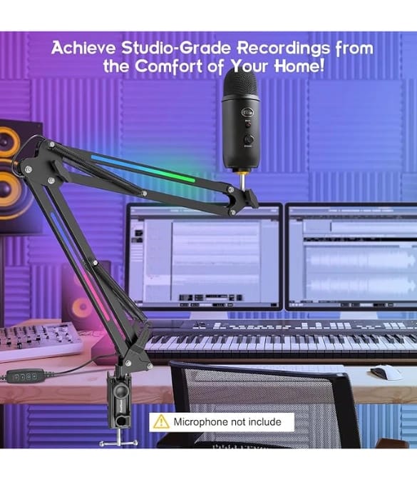 حامل ذراع مايكروفون ZealSound RGB – ذراع قابل للتعديل بإضاءة RGB بـ 7 ألوان، هيكل فولاذي متين، محول 3/8 و 5/8 بوصة – مثالي للألعاب والبث المباشر والتسجيل