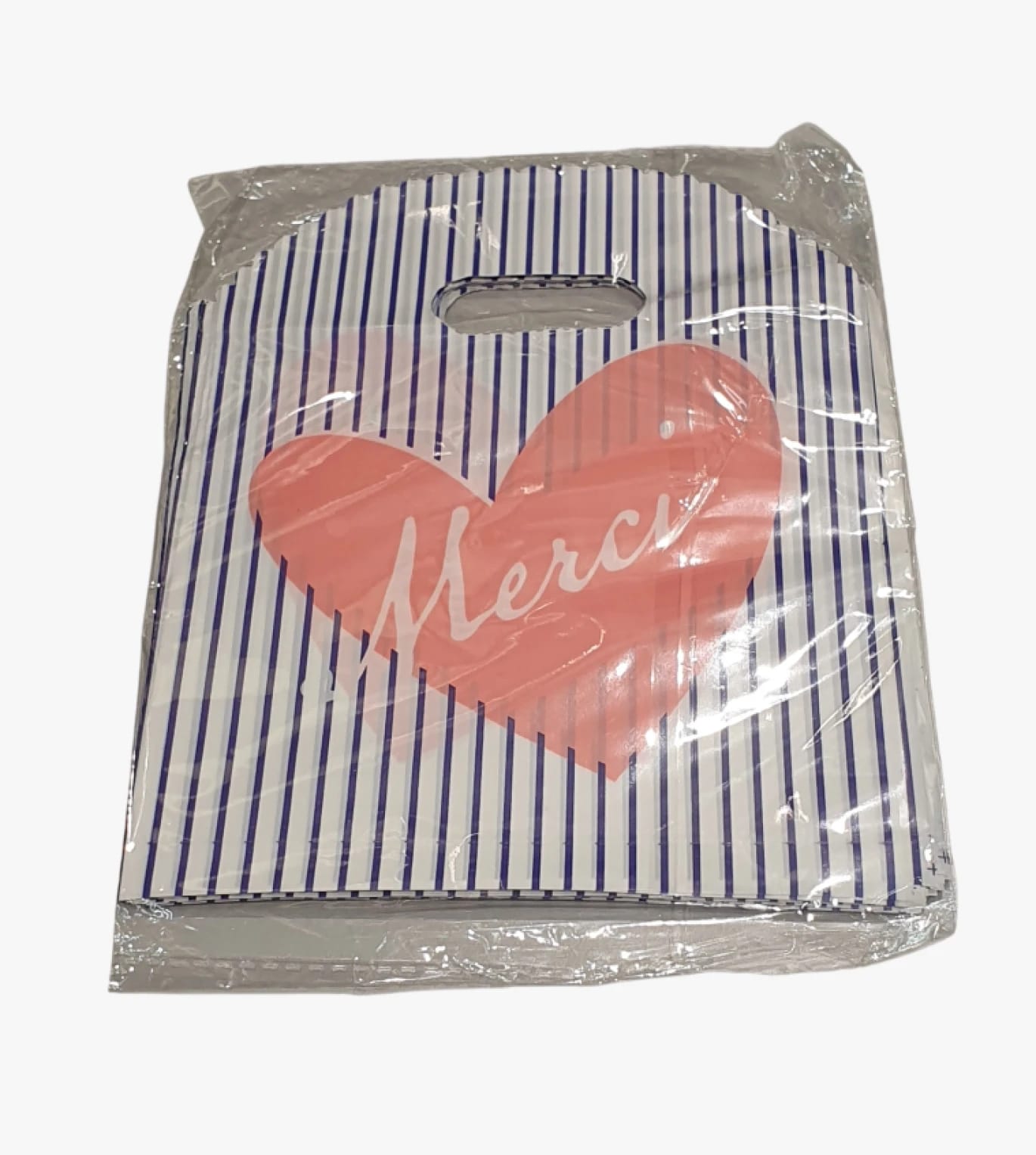 Plastic Shopping Bag with Heart and Stripes Design for Carrying Gifts and Products, Perfect for Women, Kids, and Friends.