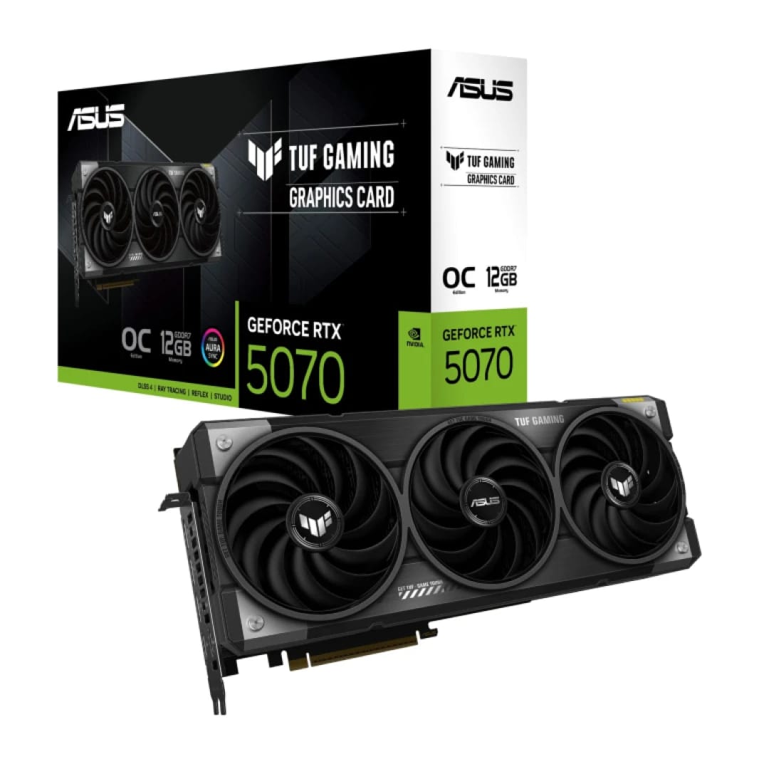 بطاقة رسوميات الألعاب ASUS TUF Gaming GeForce RTX™ 5070 إصدار OC بسعة 12 جيجابايت GDDR7 (PCIe® 5.0، HDMI®/DP 2.1، تصميم 3.125 فتحة، مكونات من الدرجة العسكرية، طلاء واقٍ للوحة الدوائر المطبوعة، مراوح بتقنية Axial-tech)