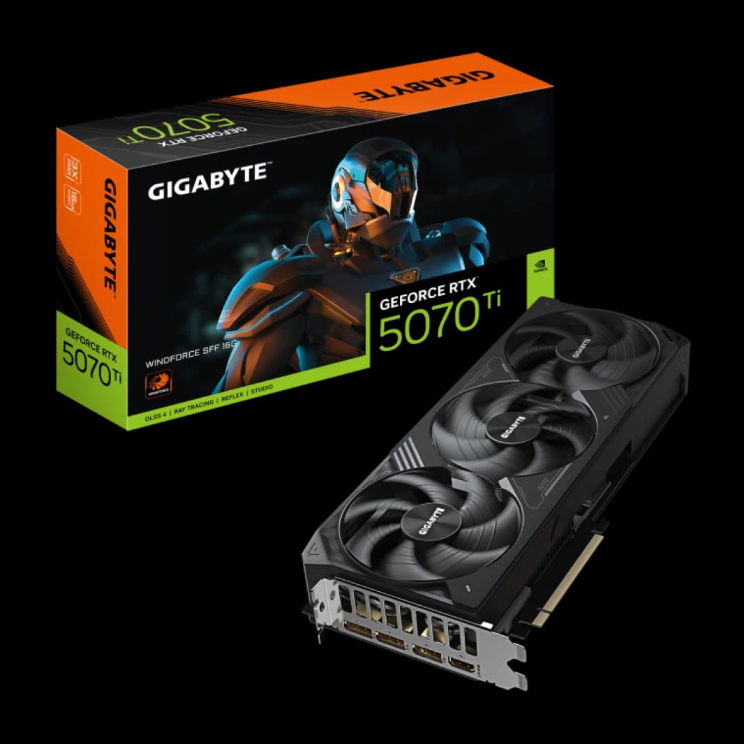 بطاقة الرسوميات GIGABYTE GeForce RTX 5070 Ti WINDFORCE OC SFF 16G، بذاكرة GDDR7 سعة 16 جيجابايت 256-بت، ومنفذ PCIe 5.0، مع نظام تبريد WINDFORCE، موديل GV-N507TWF3OC-16GD