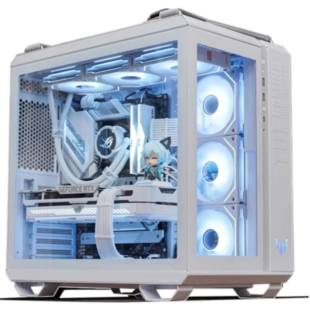صندوق كمبيوتر ASUS TUF Gaming GT502 ATX Mid-Tower باللون الأبيض، زر RGB أمامي، منفذ USB 3.2 Type-C، منفذا USB 3.0، 4 مراوح ARGB مثبتة مسبقًا - أبيض