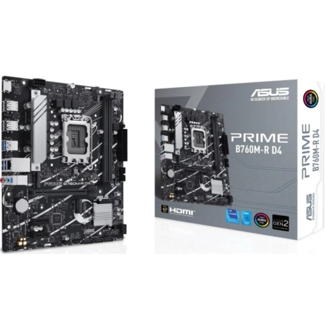 ASUS PRIME B760M-R D4, Intel® B760 LGA 1700 micro-ATX motherboard with PCIe 4.0, two PCIe 4.0 M.2 slots, DDR4