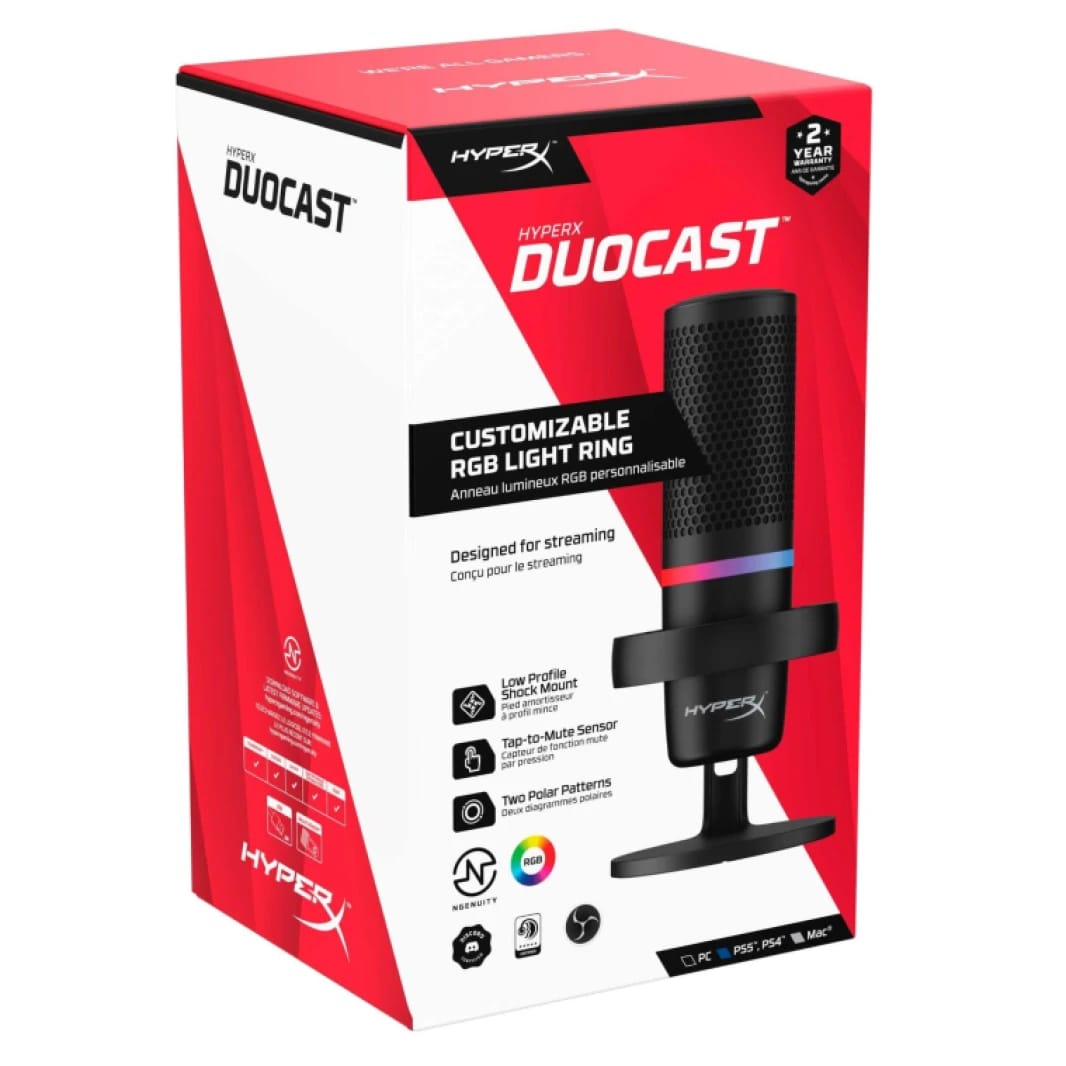 مايكروفون HyperX DuoCast – مايكروفون مكثف USB بإضاءة RGB لأجهزة الكمبيوتر و PS5 و PS4 و Mac، مع حامل ممتص للصدمات بتصميم منخفض