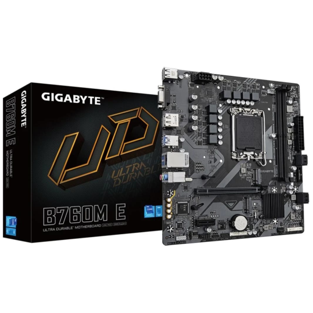 لوحة أم GIGABYTE B760M E للألعاب - مقبس LGA 1700، تدعم معالجات إنتل الجيل 12/13/14، ذاكرة DDR5، منفذ PCIe 4.0، منفذين M.2 - من نوع mATX