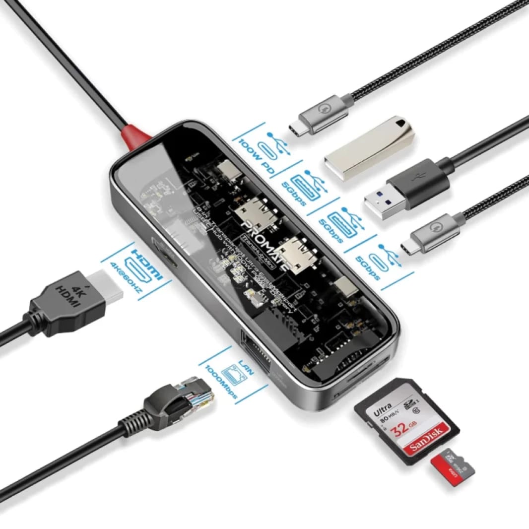 موزع بروميت Transhub-Mini USB-C™ 8 في 1، منفذ HDMI بدقة 4K@60Hz، شبكة LAN بسرعة 1000 ميجابت في الثانية، منافذ SD/TF، منفذين USB-A بسرعة 5 جيجابت في الثانية، توصيل طاقة بقوة 100 واط