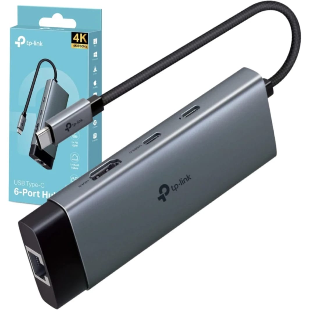 موزع TP-Link UH6120C USB Type-C 6 في 1 مع منفذ HDMI بدقة 4K@60Hz، وإيثرنت بسرعة 1 جيجابت في الثانية، ومنفذ بيانات USB-C، ومنفذي بيانات USB-A، وشحن سريع بقوة 100 واط، واتصال مستقر، وميزة التوصيل والتشغيل