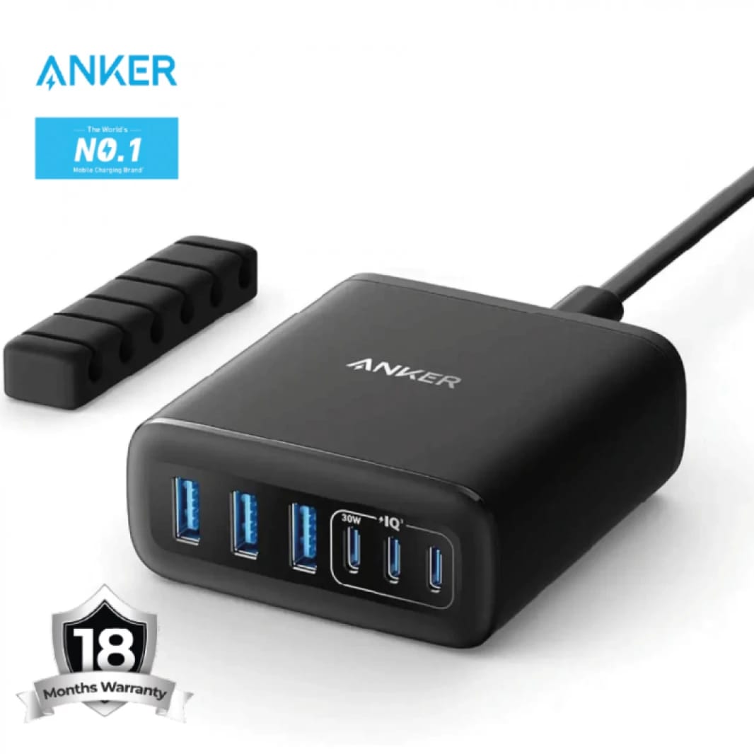 شاحن أنكر 6 منافذ USB-C بقوة 112 واط، قابس ثلاثي بريطاني (SG)، أسود