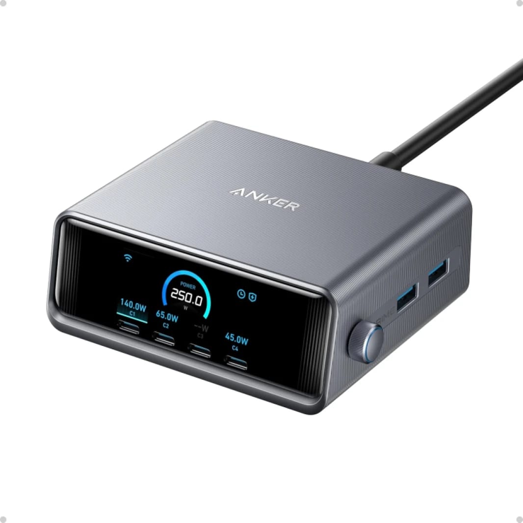 شاحن Anker Prime، محطة شحن GaN Prime USB C بقوة 250 واط، 6 منافذ فائقة السرعة، شاشة LCD مقاس 2.26 بوصة وقرص تحكم ذكي، متوافق مع MacBook Pro/Air، وiPhone 16/15/14، وGalaxy، والمزيد (فضي)