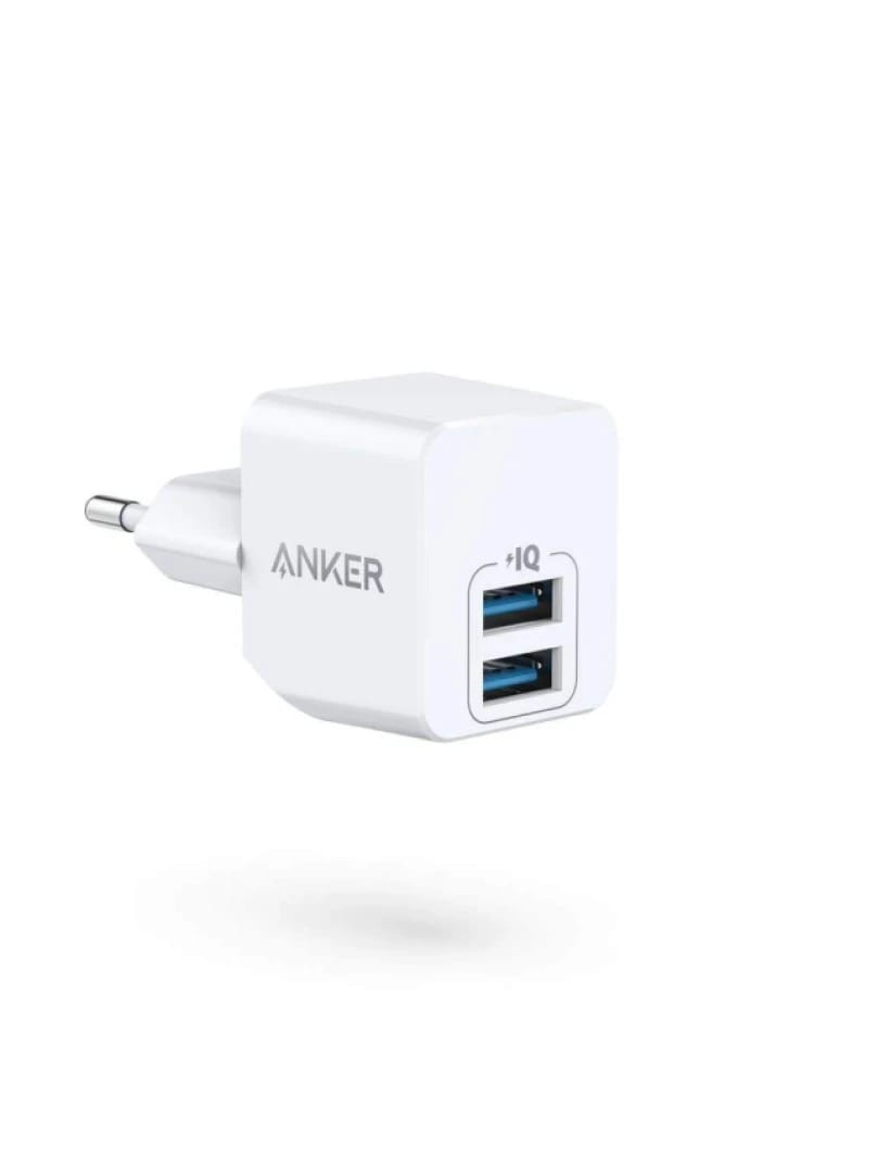 شاحن جداري أنكر باور بورت ميني 2 بمنفذين USB بقوة 12 واط - أبيض