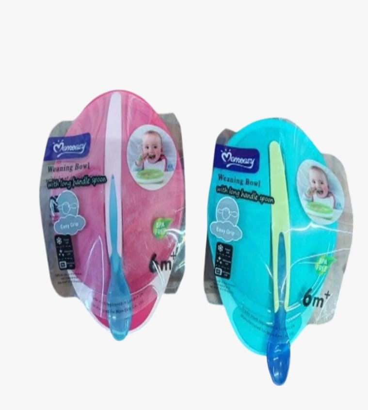 Momeasy Weaning Bowl Set with Long Handle Spoon for Easy Feeding for Young Children Aged 6 Months and Above, Pink and Blue