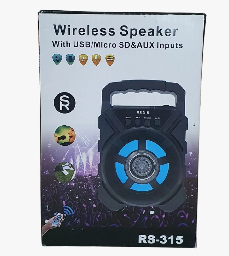 RS-315 Portable Wireless Speaker with USB, Micro SD, and AUX Inputs for Parties and Music Gatherings