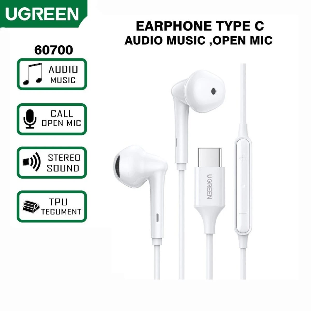 UGREEN 60700 Wired Earphones with Type-C Converter, White, 1.2M