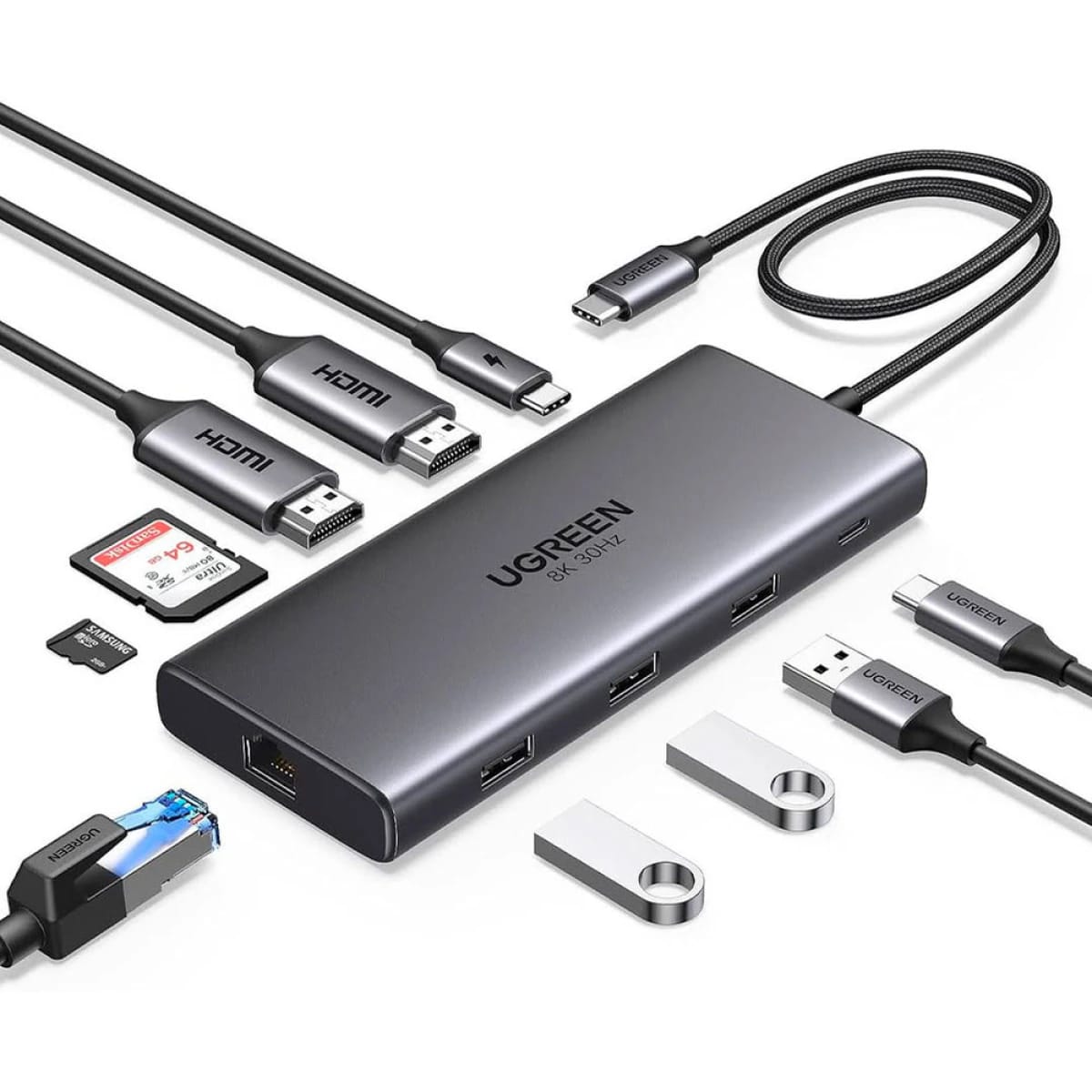 UGREEN-45520 11 IN 1 USB-C CONVERTER REVODOK 1 HDMI,1VGA, 2 USB-C , 2USBA 1RJ45, 1SD 1TF 1 PD100W, 1X3.5MM
