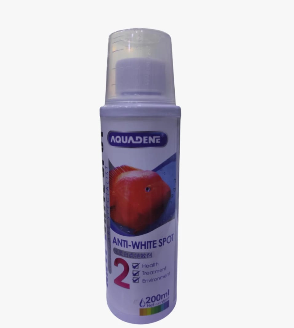 Aquadene Anti-White Spot Fish Treatment Product with Safety Cap for Aquarium Enthusiasts.