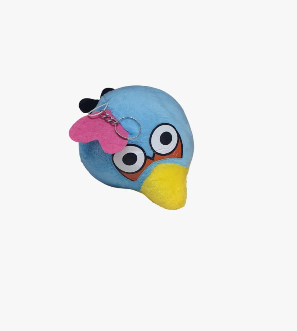 Soft Keychain for Kids Designed as Blue Bird with Round Eyes and Pink Cap