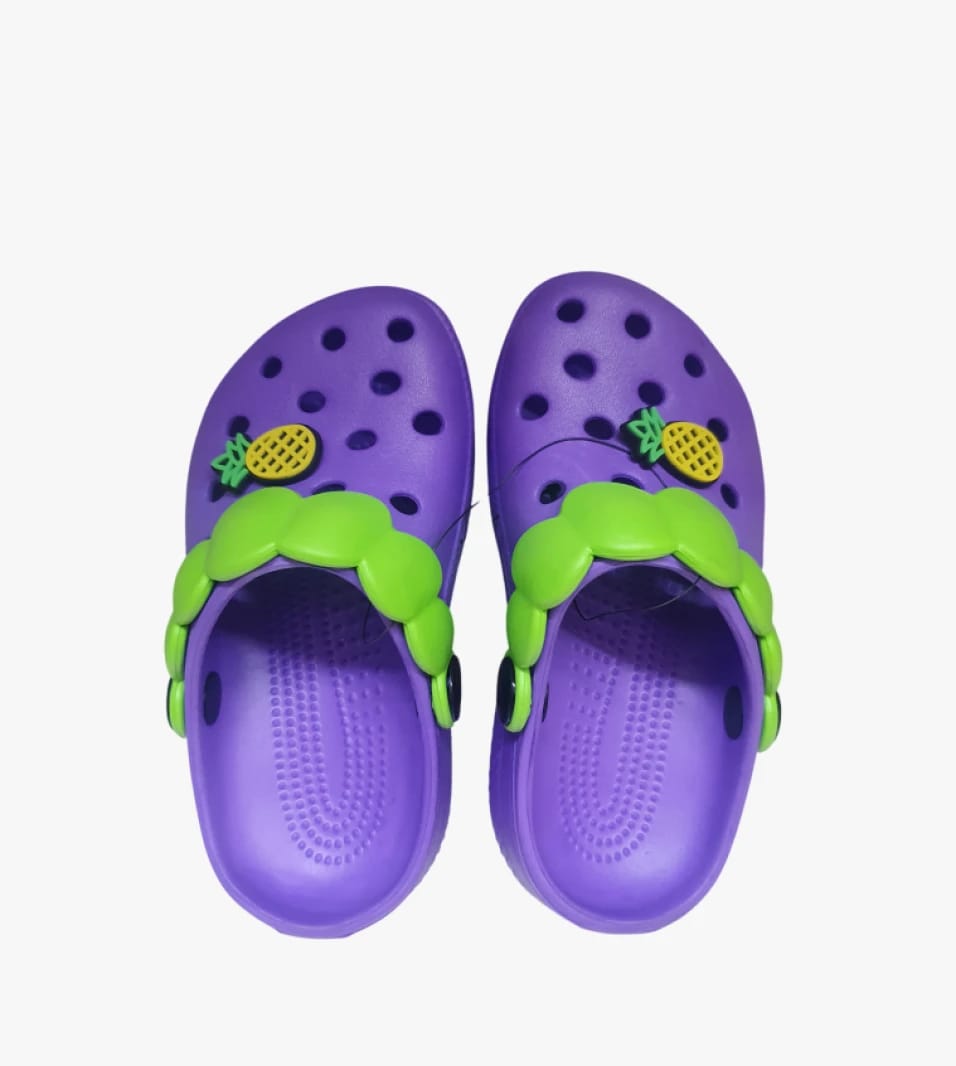 Purple Crocs Sandals with Pineapple Design and Green Embellishments for Toddlers - Comfort and Style for Kids
