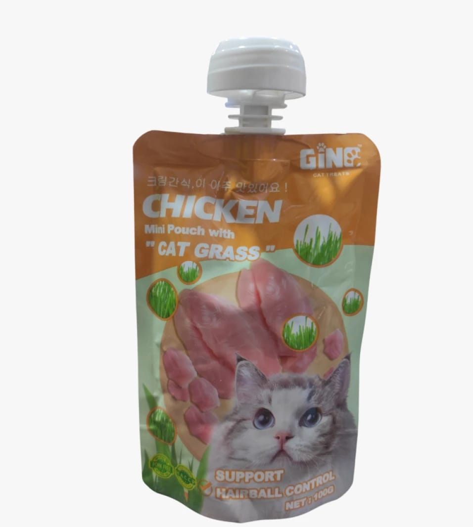 Chicken Flavor Cat Snack Pouch with Cat Grass for Hairball Control, Perfect for Young Cats