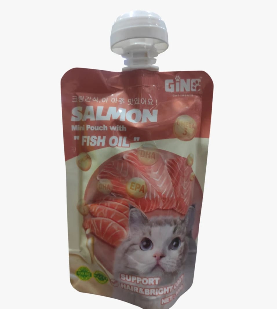 GINE Cat Snack Mini Pouch Salmon with Fish Oil for Supporting Hair and Bright Coat for Cats