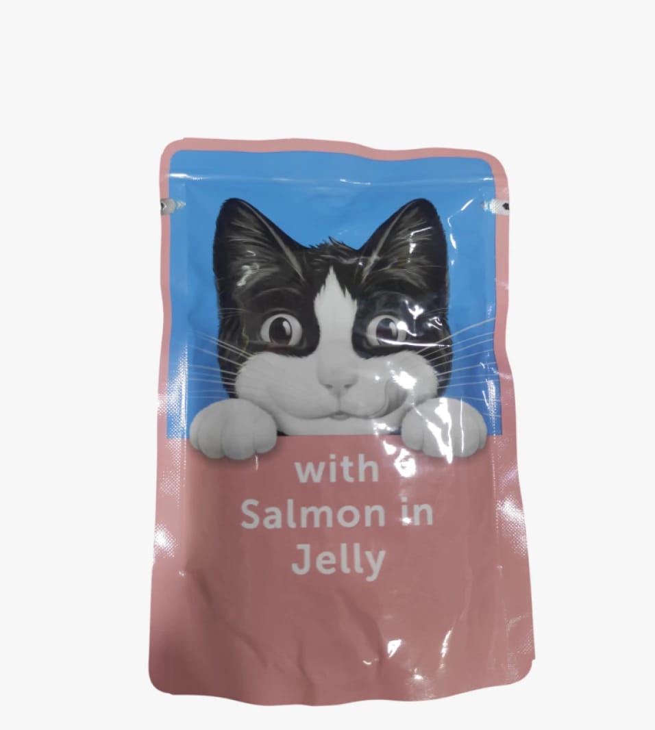 Premium Cat Food with Famous Brand, Delicious Recipe of Salmon in Jelly, Perfect for Adult Cats, Eye-Catching Design.