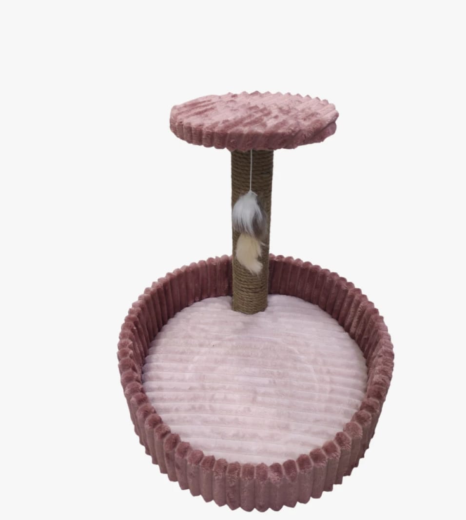 Cat Play and Climbing Center - Circular Bed with Scratch Post and Plush Pink Fabric Design