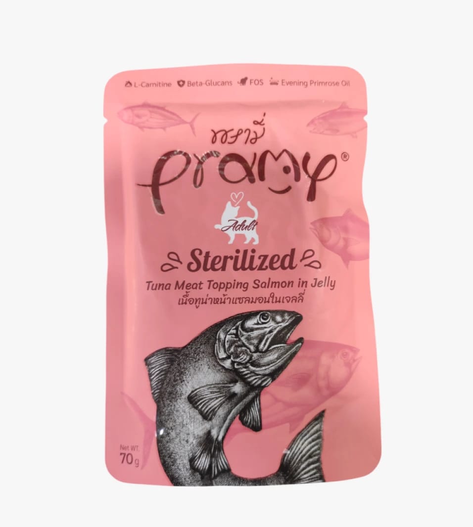 Pramy Adult Cat Food Tuna Meat Topping with Salmon in Jelly and Enhanced Health Formula