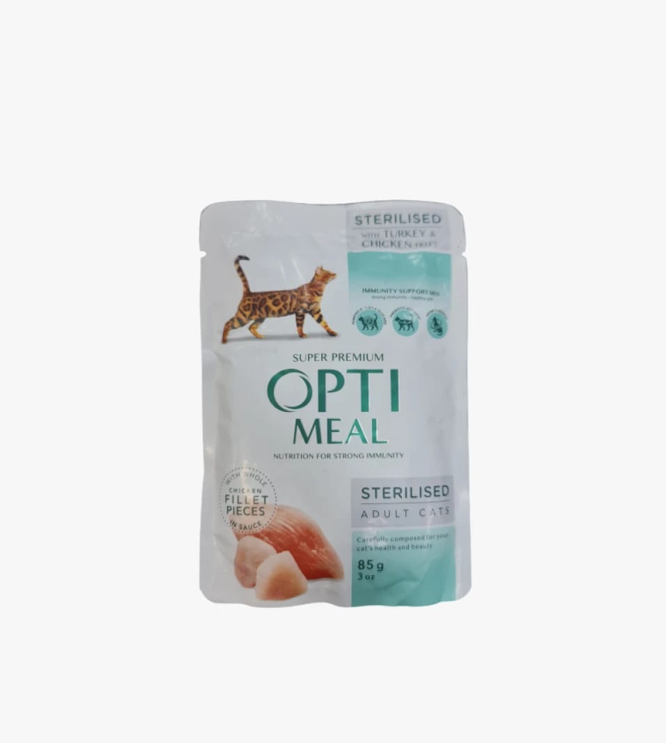 Optimeal Super Premium Wet Food for Sterilized Adult Cats with Turkey and Chicken Fillet Pieces.
