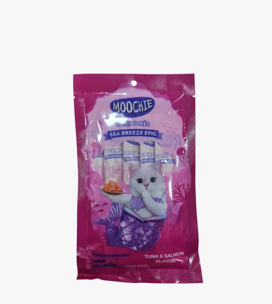 Moochie Fairy Puree Smooth Blend for Pets in Tuna and Salmon Flavor for Furry Friends and Cat Lovers