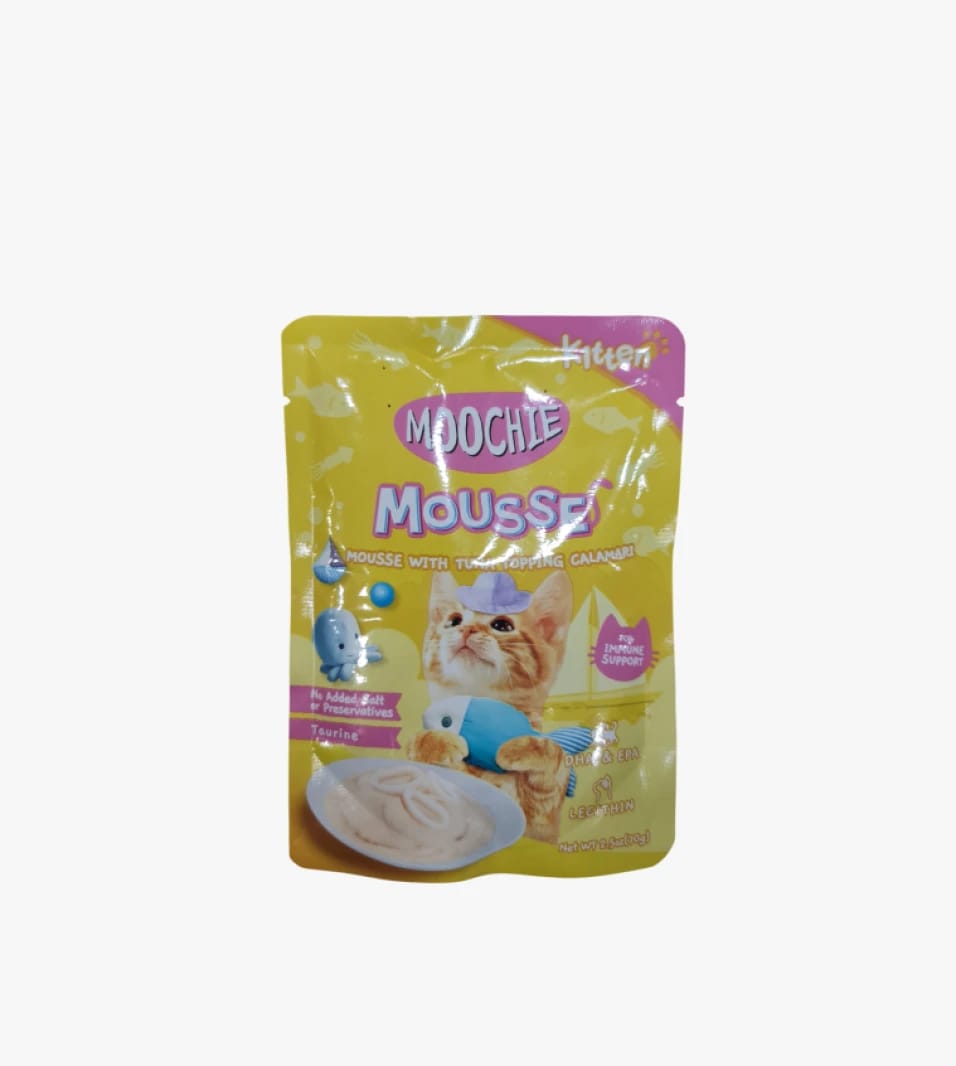 Moochie Mousse Cat Food for Kittens with a Unique Design, Featuring Tuna and Calamari Mousse Delight.