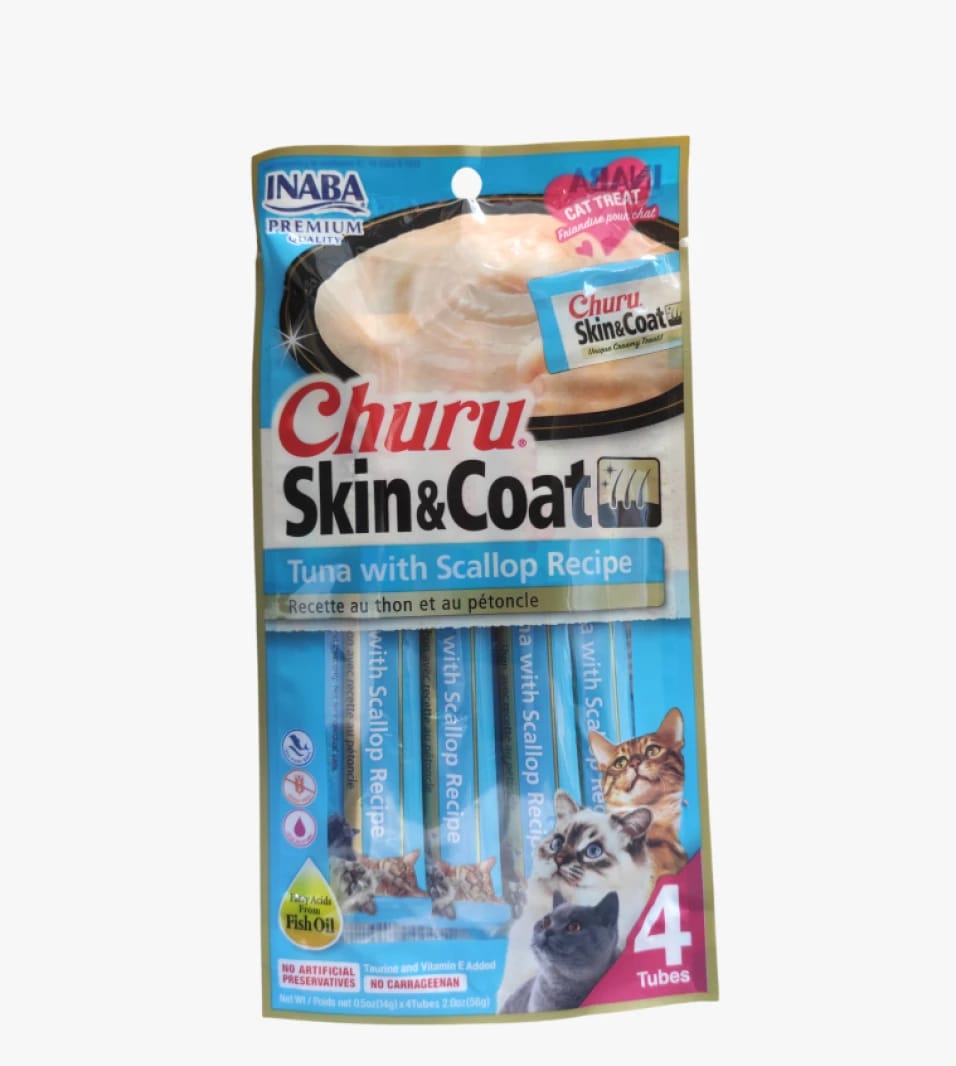 Inaba Churu Skin & Coat Tuna with Scallop Recipe Cat Treat for Supporting Hair and Skin Health