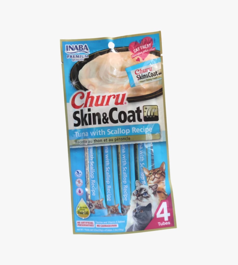 INABA Churu Skin & Coat Cat Treat, Tuna with Scallop Recipe, for Enhancing Cat's Skin and Fur