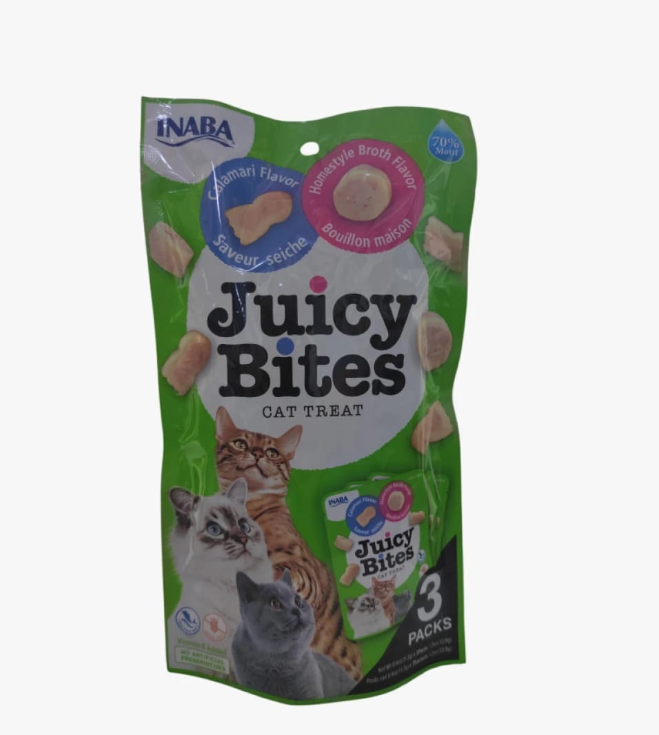 INABA Juicy Bites, Cat Treats with Delicious Calamari and Broth Flavors for an Enjoyable Feeding Experience.