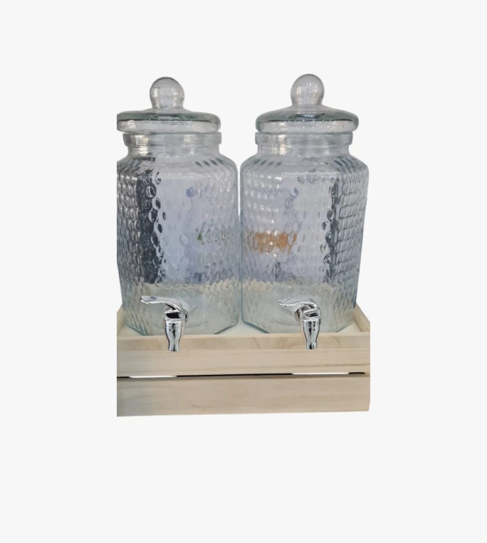 Elegant and Unique Design Glass Beverage Dispensers with Faucets and Stylish Wooden Tray for Events and Home Gatherings