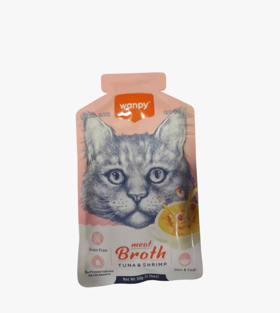 Wanpy Tuna and Shrimp Meat Broth for Cats, Ideal Design for Health, Skin and Coat Nourishment.