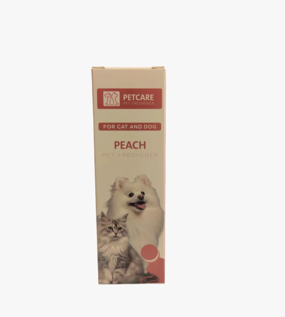 معطر PETCARE للقطط والكلاب برائحة الخوخ، منعش الوبر وناعم للبشرة، بمستخلصات طبيعية تغذي وتحمي حيواناتك الأليفة.