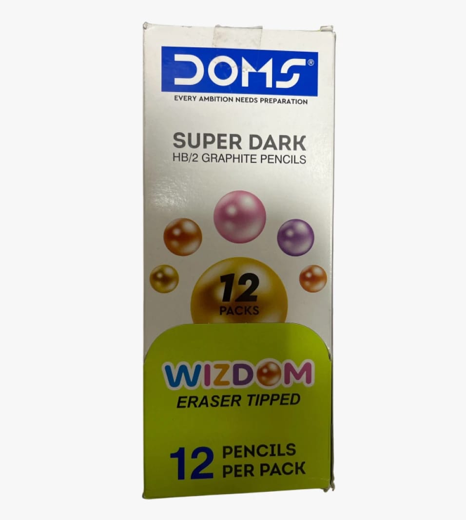 DOMS Super Dark HB/2 Wooden Pencils with Eraser, Perfect for School Use, Drawing, and Design.