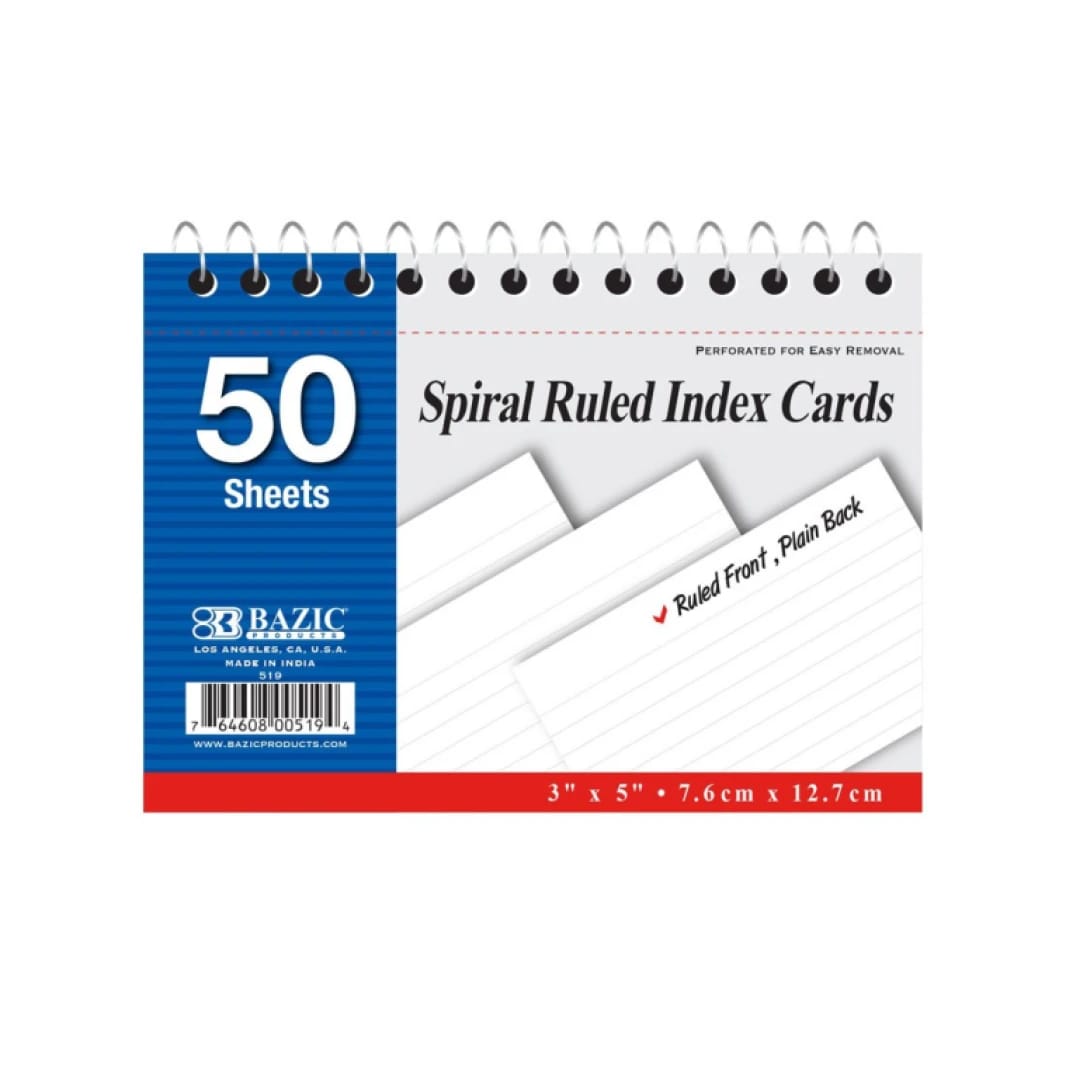 BAZIC Spiral Bound Ruled White Index Card